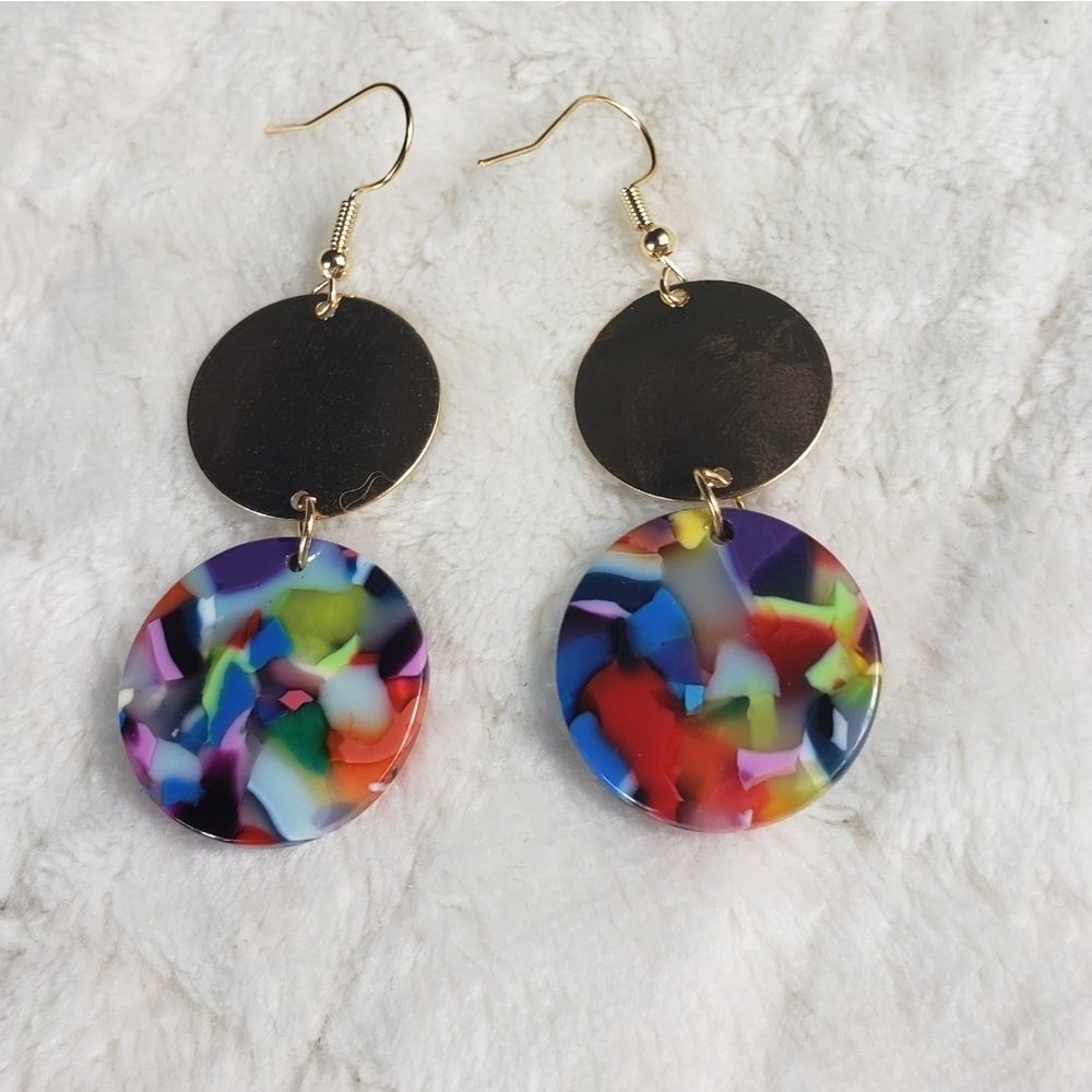 Red Blue Purple Multicolored Stacked Gold Toned Circle Drop Dangle Resin Earring